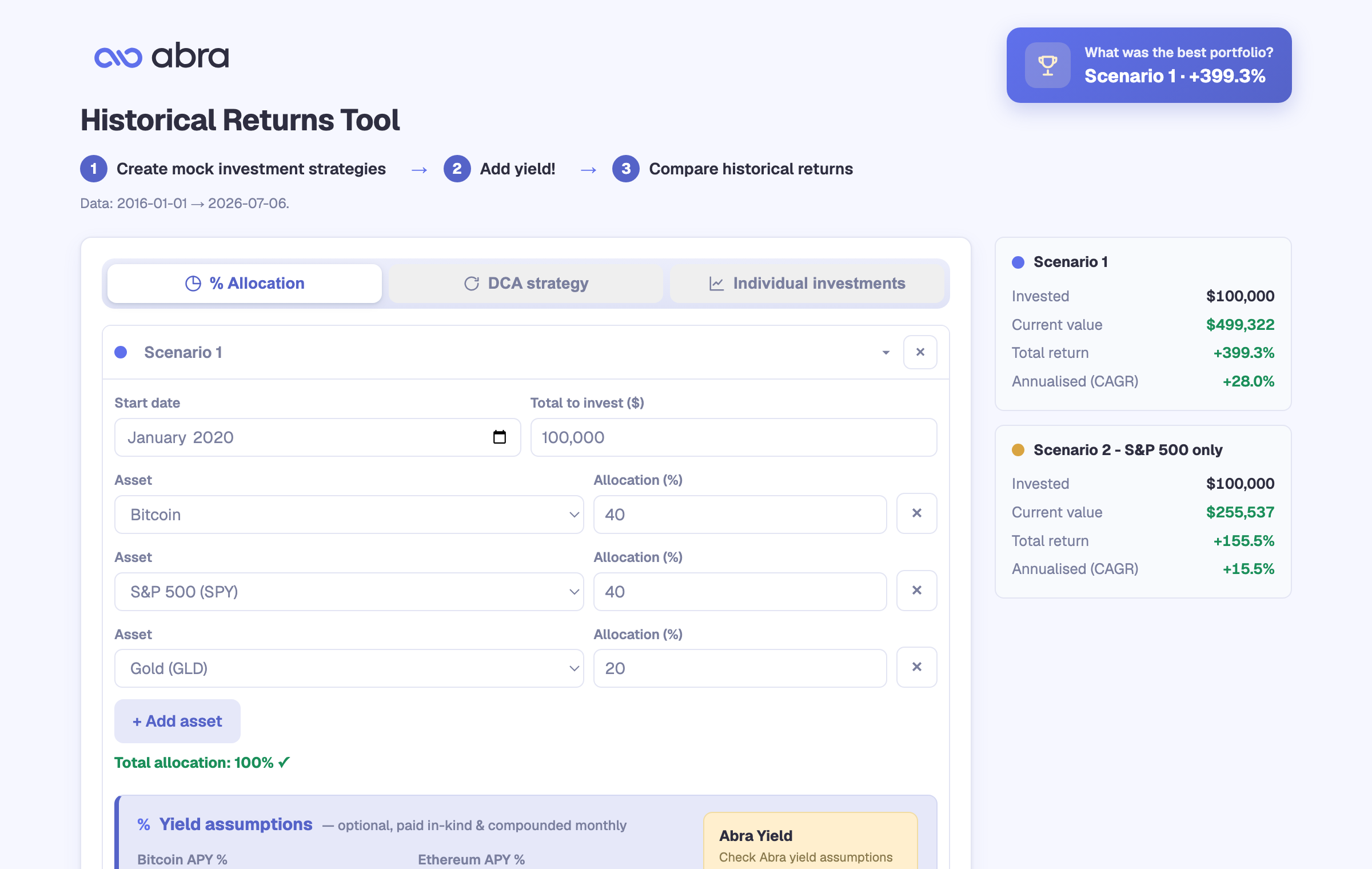Abra Portfolio Builder — build a scenario